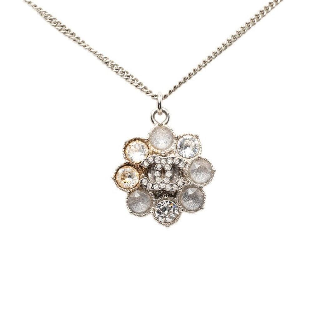 Chanel CC Logo Flower Chain Pendant Necklace Silver